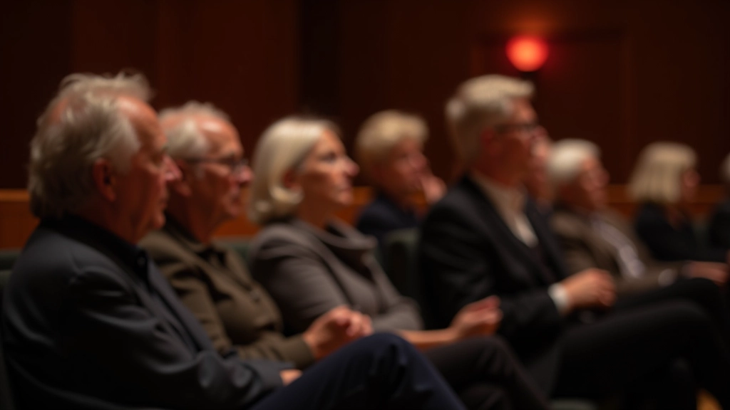 Audience members of mixed ages sitting in concert hall seats, focused on stage, warm ambient lighting