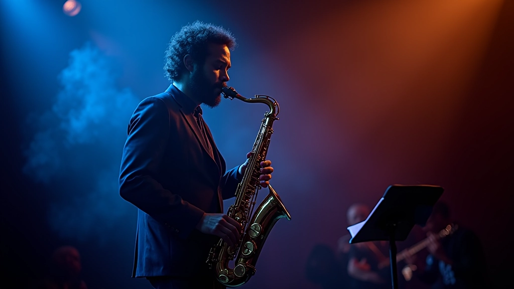 Blues musician playing saxophone on stage with moody stage lighting and intimate venue setting