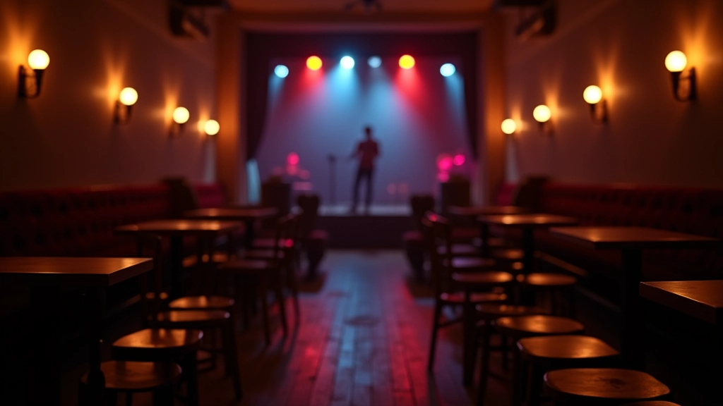 Blues bar seating area with wooden tables, warm lighting, and stage visible in background with performing musician silhouette