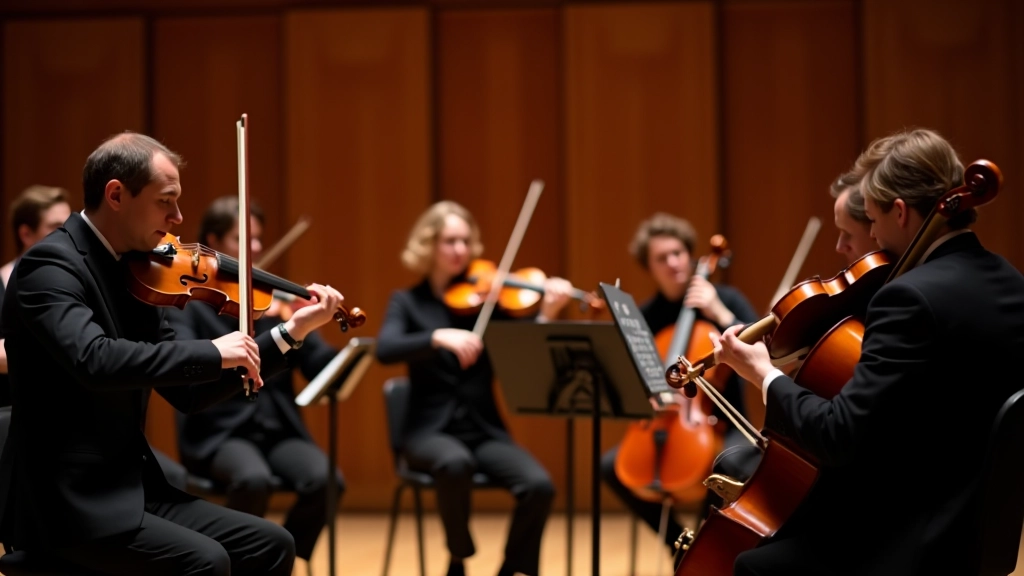Chamber orchestra ensemble performing classical music with string and wind instruments on stage