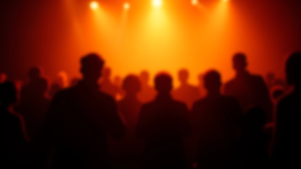 Audience members silhouetted against stage light during live blues performance, creating atmospheric concert moment
