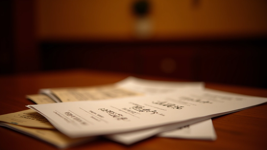 Concert program booklets and tickets arranged on table with concert hall entrance in background