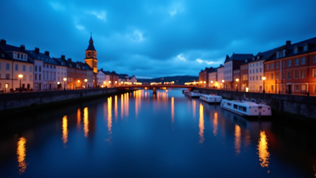 Cork riverside cityscape at dusk with historic buildings and atmospheric blue hour lighting