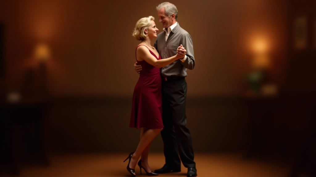 Couple dressed elegantly for swing dancing, woman in vintage-style dress and man in dress shirt and slacks