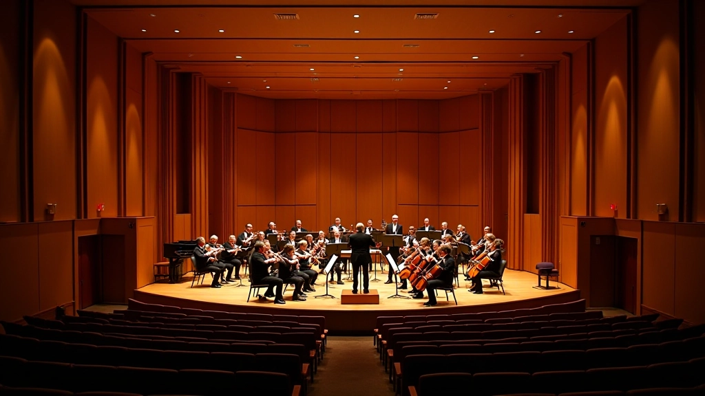 Interior of elegant concert hall with rows of seats facing a wooden stage with chamber orchestra setup