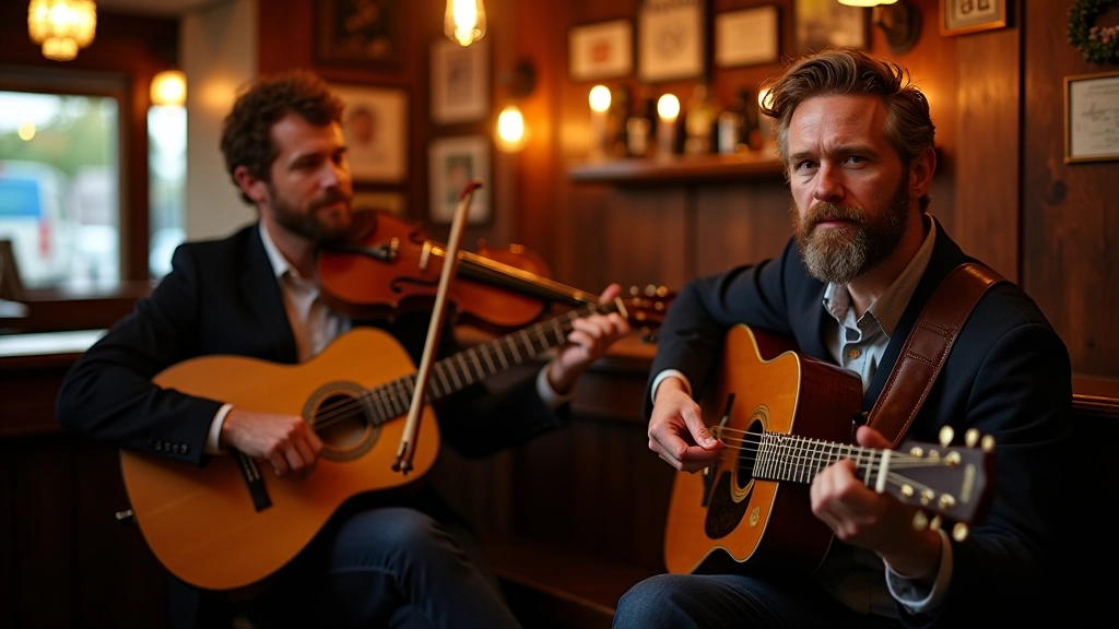 Intimate folk music session in a traditional Irish pub with musicians playing various acoustic instruments