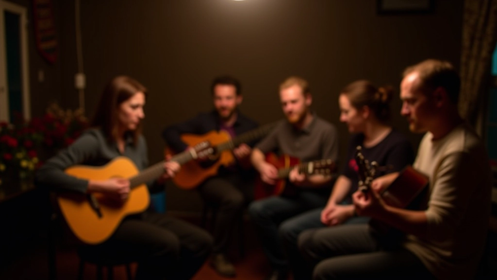 Group of folk musicians gathered in circle playing together, showing collaborative spirit of sessions