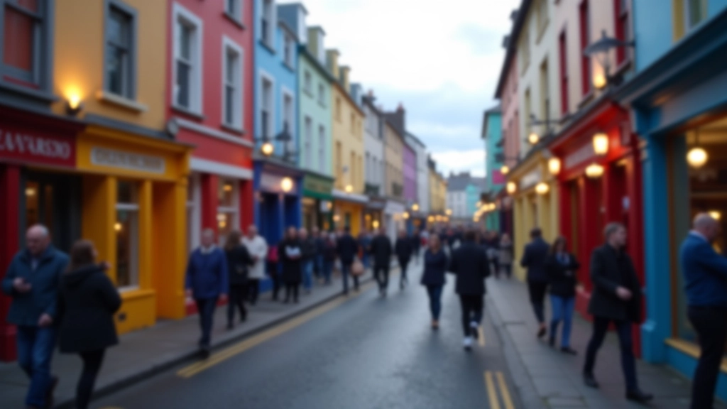 Galway street scene with colorful storefronts and traditional Irish architecture in evening light