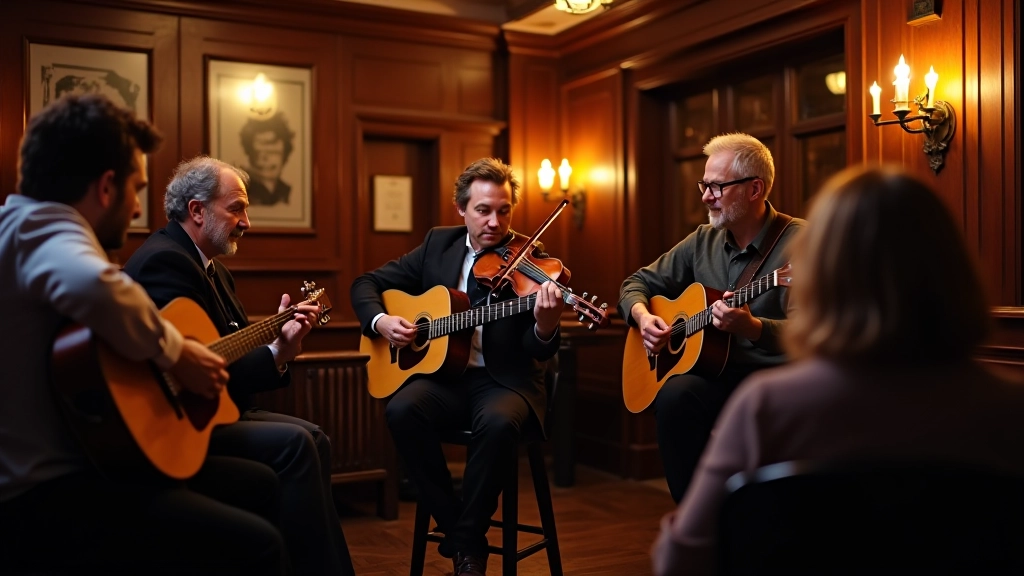 Folk musicians with acoustic guitars and violin performing in a cozy pub setting with warm lighting