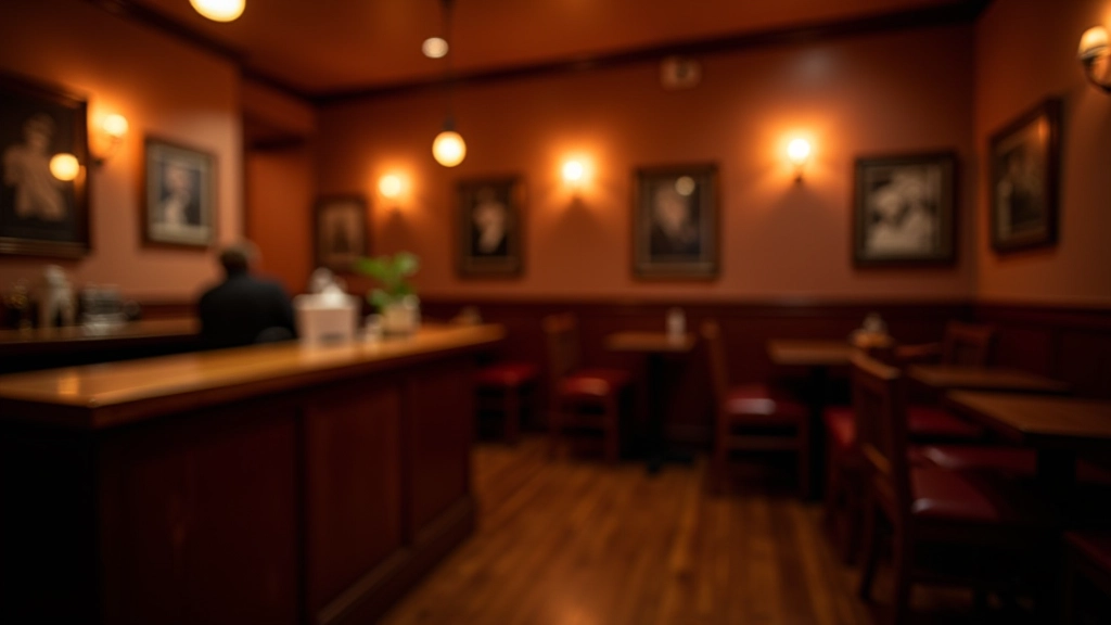 Intimate blues venue with warm amber lighting, wooden bar, and small stage with microphone setup