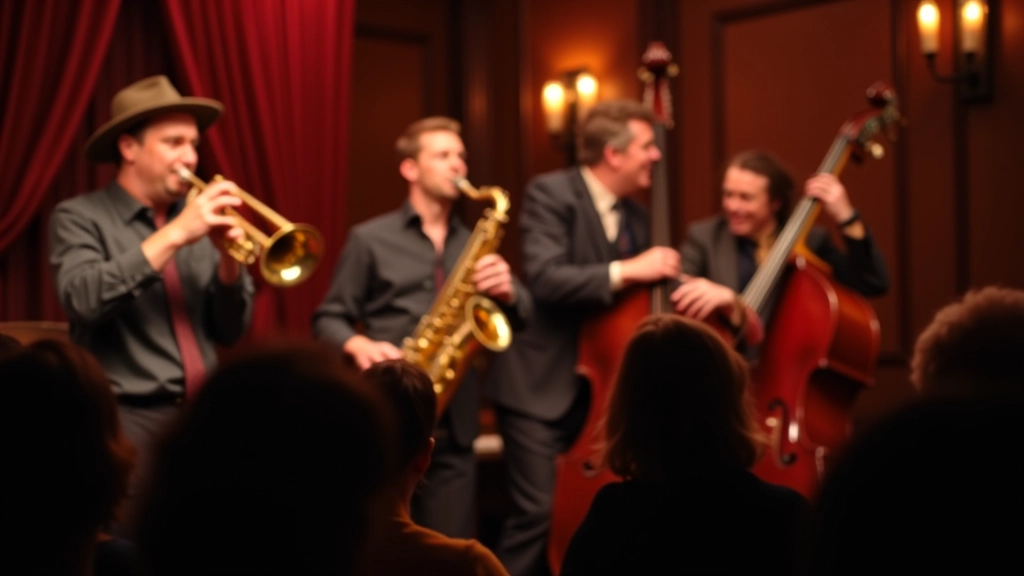 Live band performing swing music on stage with brass instruments and double bass in a traditional dance hall setting