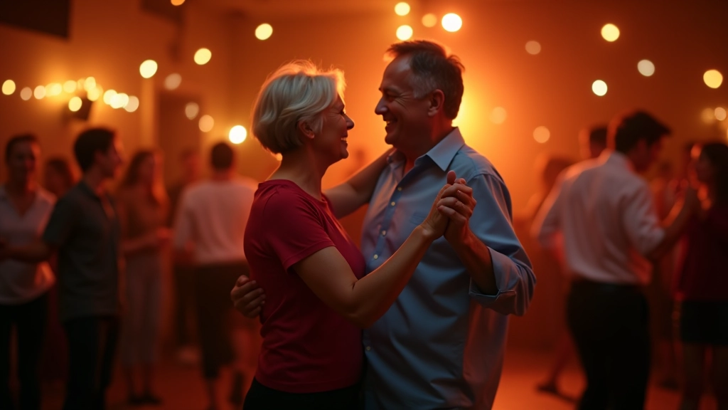 Couple dancing swing dance in a vibrant social hall with live band performing on stage