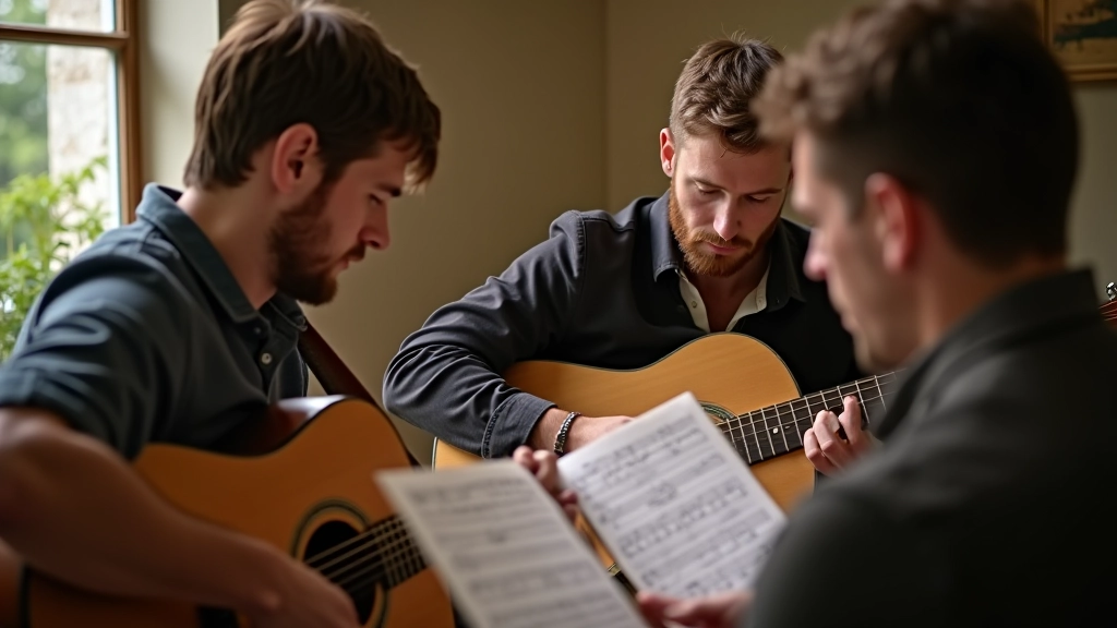 Musicians reading sheet music and learning together at a folk music workshop session