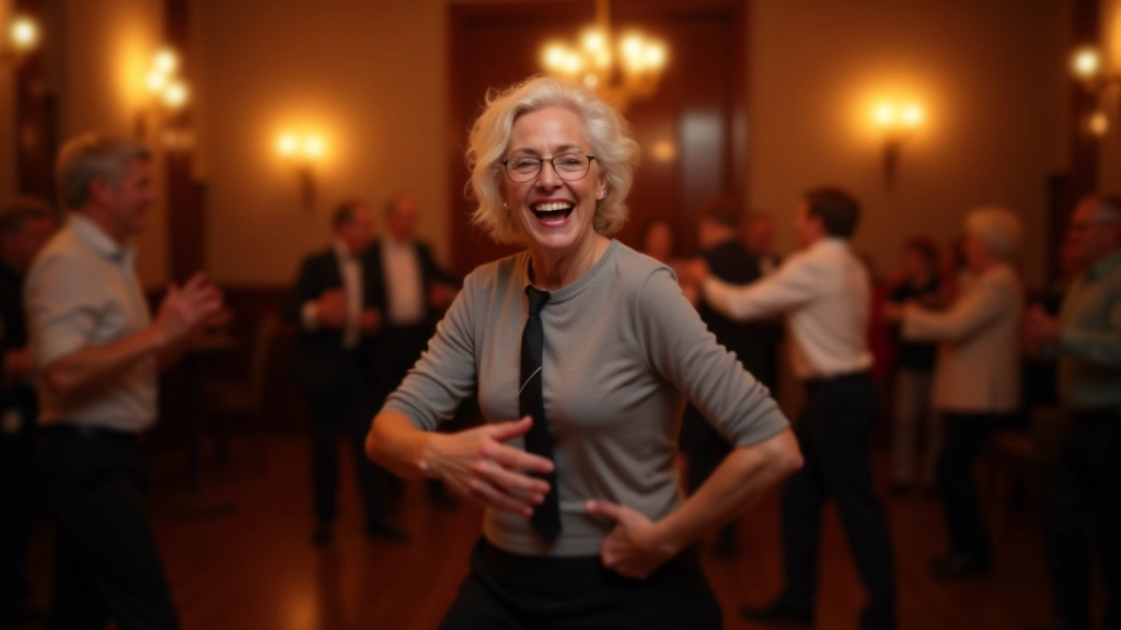 Person confidently dancing swing with a smile, enjoying the music and movement in a dance hall