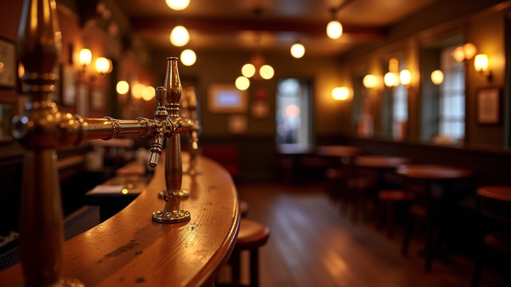 Dublin pub interior with traditional wood paneling, vintage beer taps, and intimate stage area with warm stage lighting