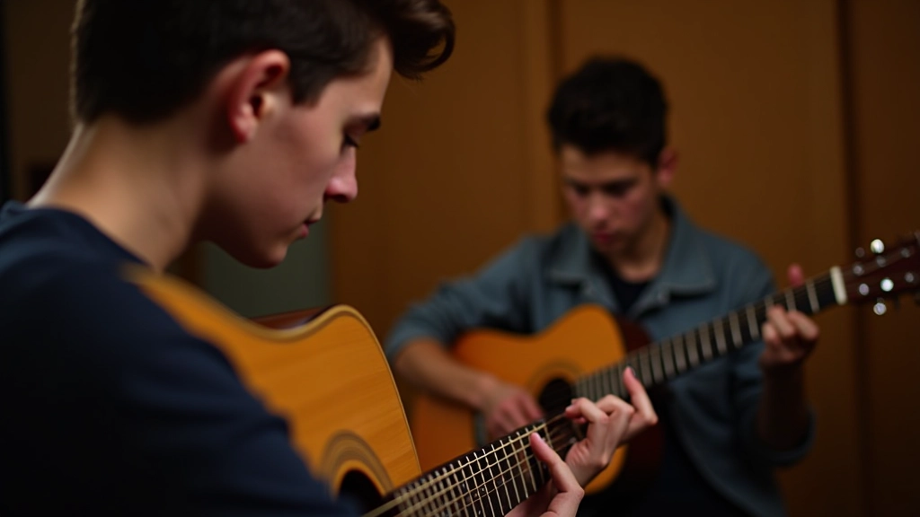 Young musician learning acoustic guitar from experienced mentor in relaxed music studio setting